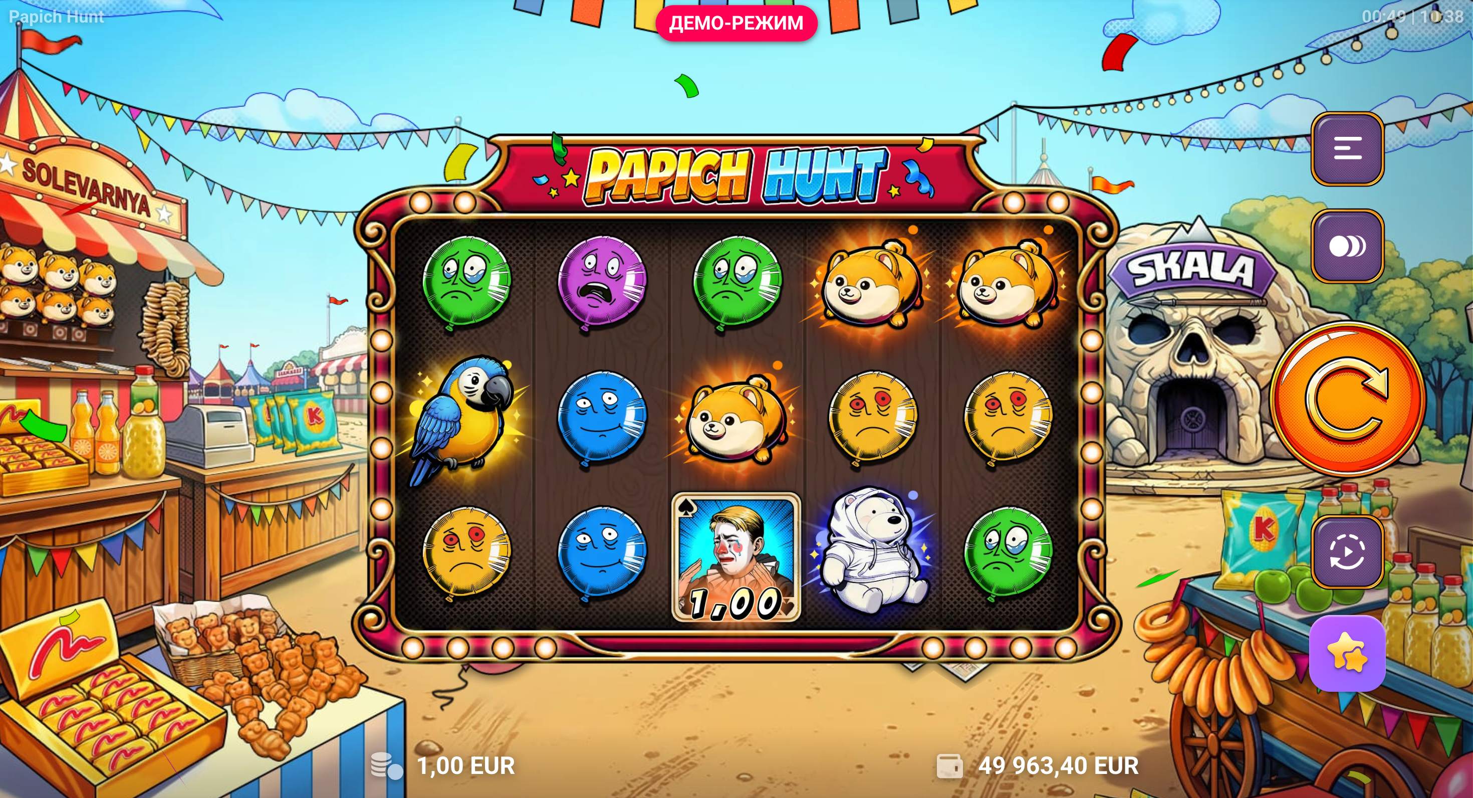 Papich Hunt slot gameplay: a 5x3 reel grid set in a bright carnival with balloon, dog and clown symbols