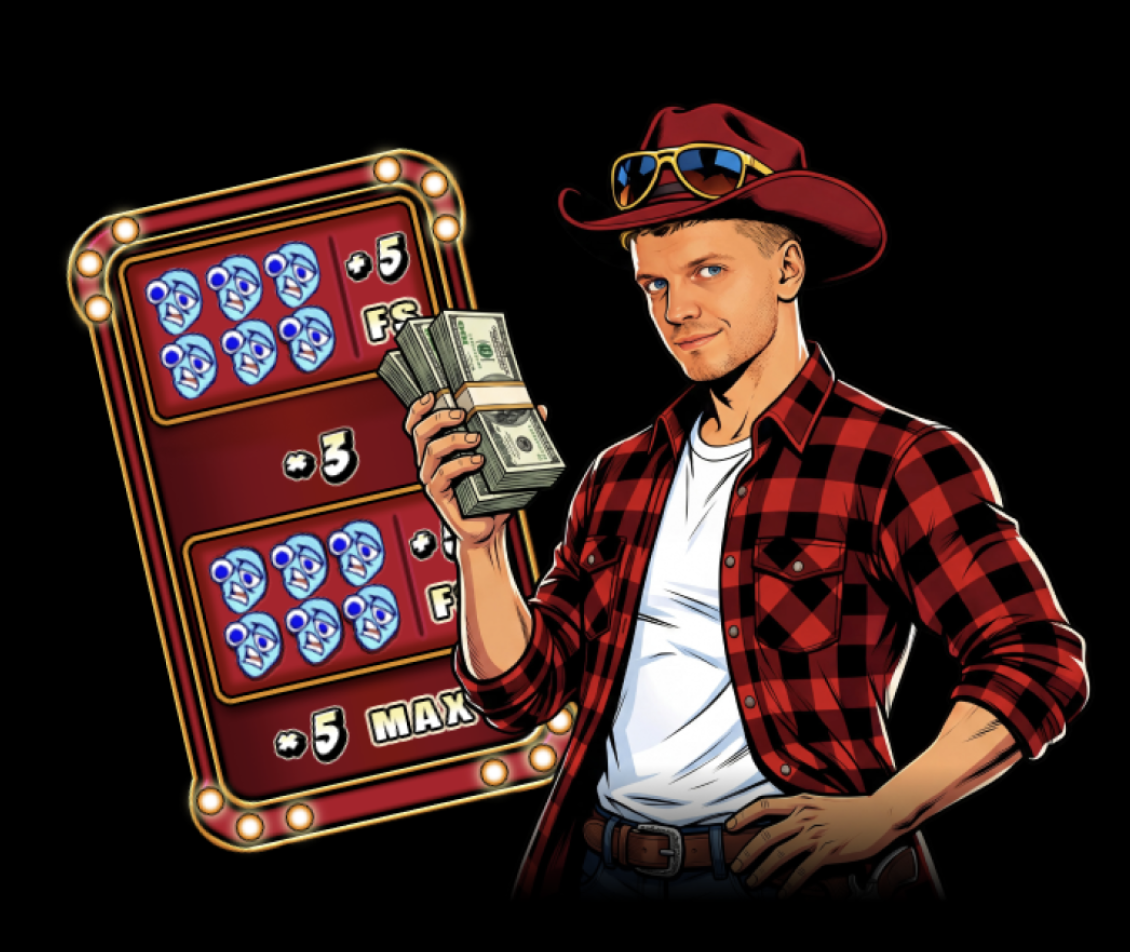 Papich, the slot's cowboy-hatted mascot, holding a stack of cash beside a red slot cabinet showing free-spin scatter symbols