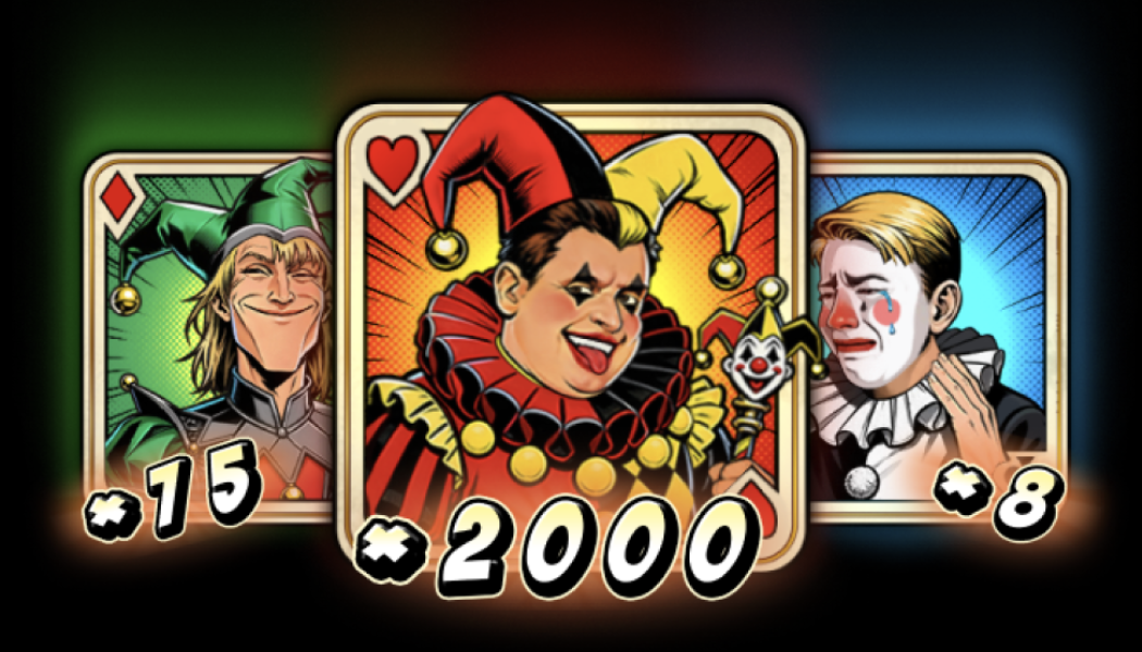 The three premium Joker card symbols: green-diamond Joker pays x15, the central red-heart Papich Joker pays x2000, and the blue crying Joker pays x8